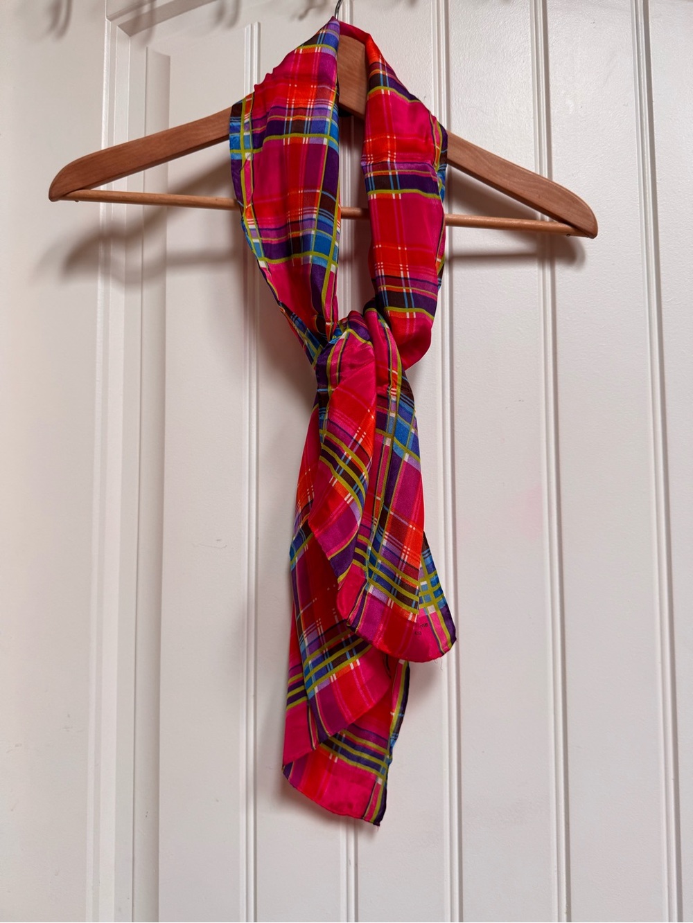 Vintage Liz Claiborne Pink and Purple Plaid Silk Scarf. 10” by 51”